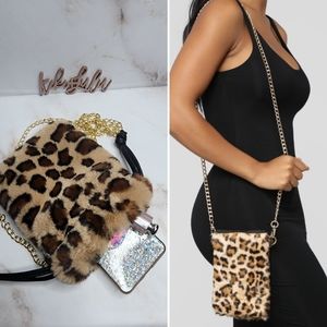 Leopard print faux fur crossbody bag, cellphone holder